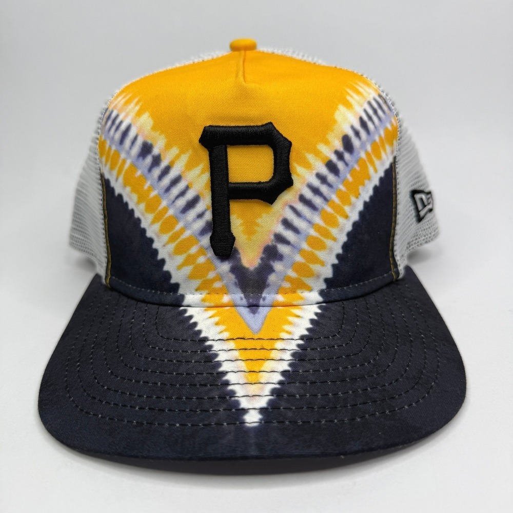 Pittsburgh Pirates New Era Hat Mens OSFM Yellow Black Tie Dye Mesh Trucker Cap